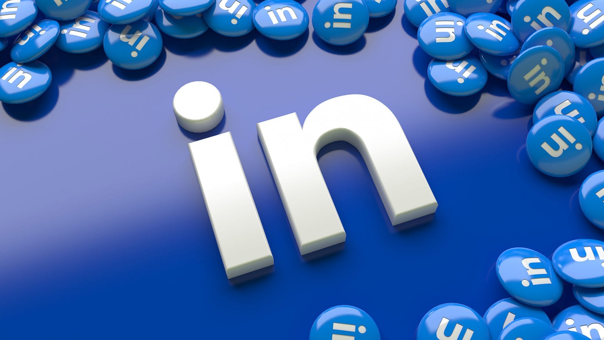 3d linkedin logo over a blue background surrounded by a lot of linkedin glossy pills